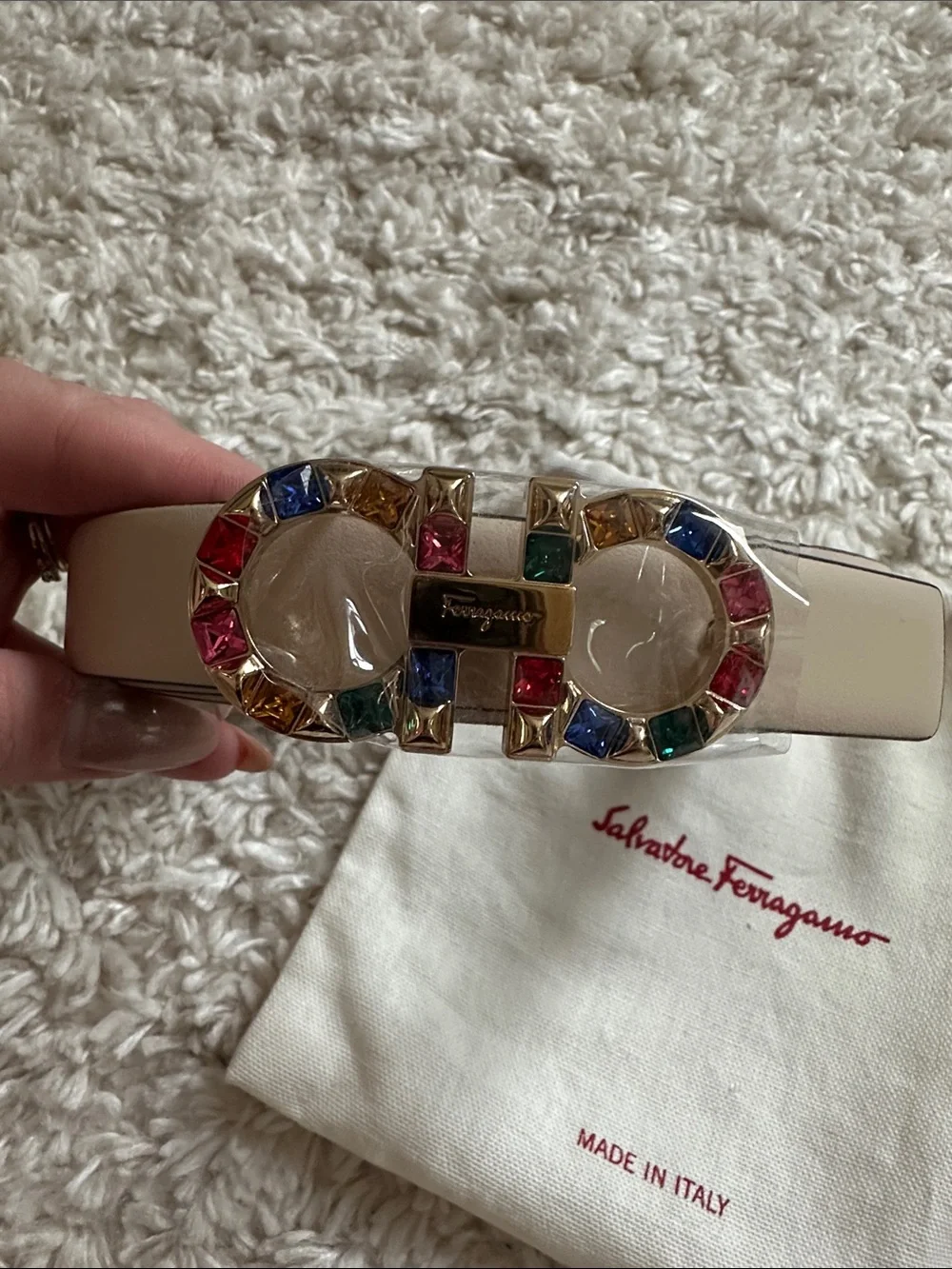 Salvatore Ferragamo Cream Leather Belt with Multicolor Jeweled Gancini Buckle